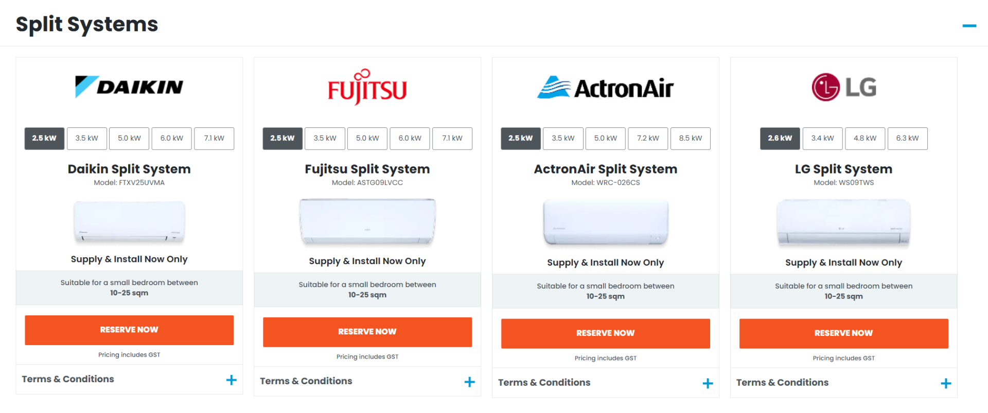 Split system options — Daikin, Fujitsu, ActronAir and LG supply & install packages