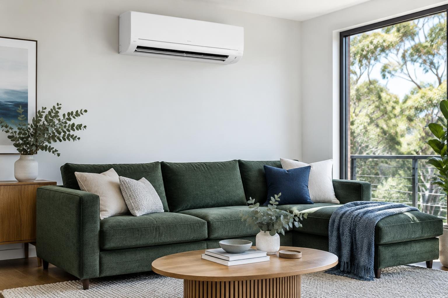 What size split system air conditioner do I need for a Canberra home? Accurate sizing for real winter heating and summer cooling — illustrative view of a wall-mounted split-system air conditioner above a green sofa in a bright living room